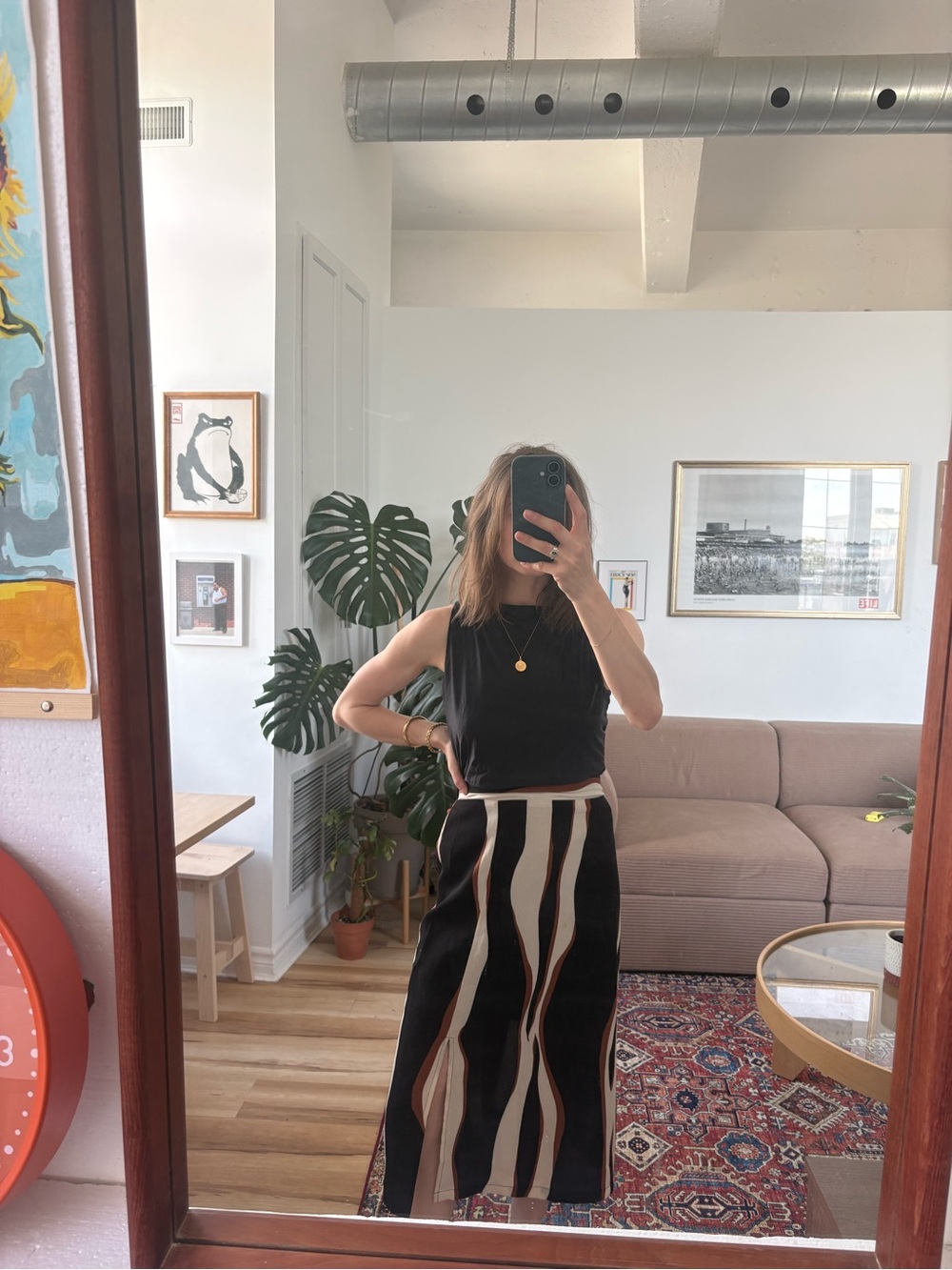 Vero Moda Black Midi Skirt with Cream and Brown Wave Stripes